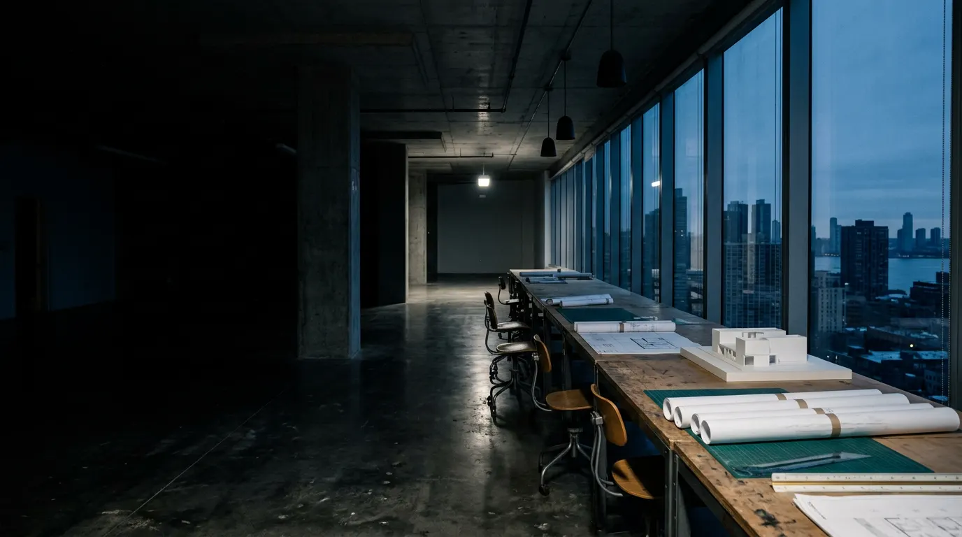 Estudio de arquitectura vacío en hora azul